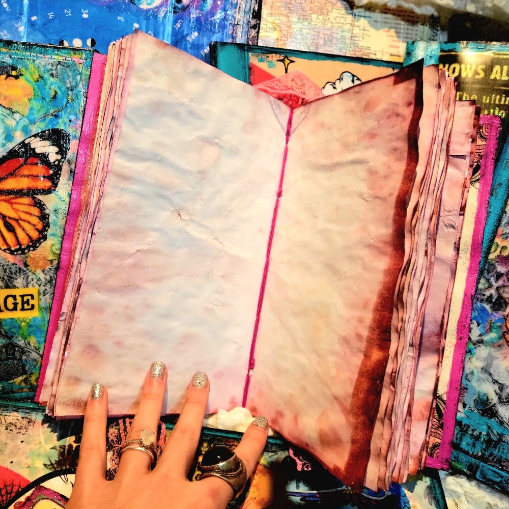 Rose Gold Pink Music and Butterflies Handmade Canvas Journal Hand Dyed Pages - Picture 6 of 12